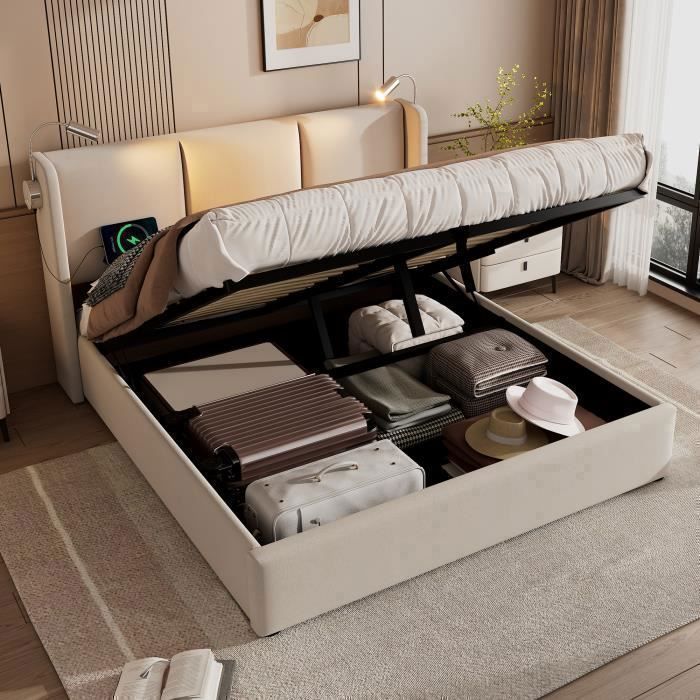 Letto matrimoniale con vano contenitore, 160 x 200 cm, in lino beige, con luce da lettura e porta USB, rete a doghe, materasso non incluso.
