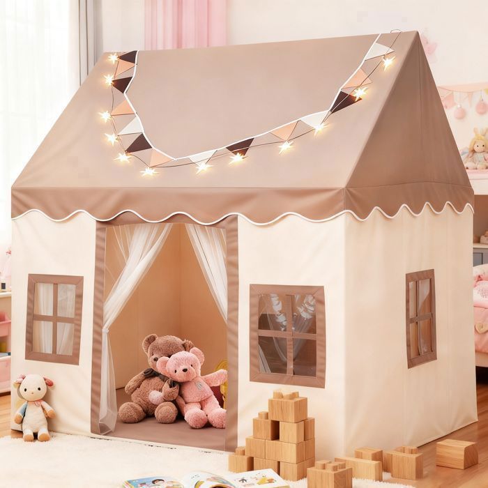 Tenda da gioco per bambini, casetta da interno con tappeto e luci decorative da 3 m, 3 finestre - per bambini dai 3 ai 13 anni - color kaki