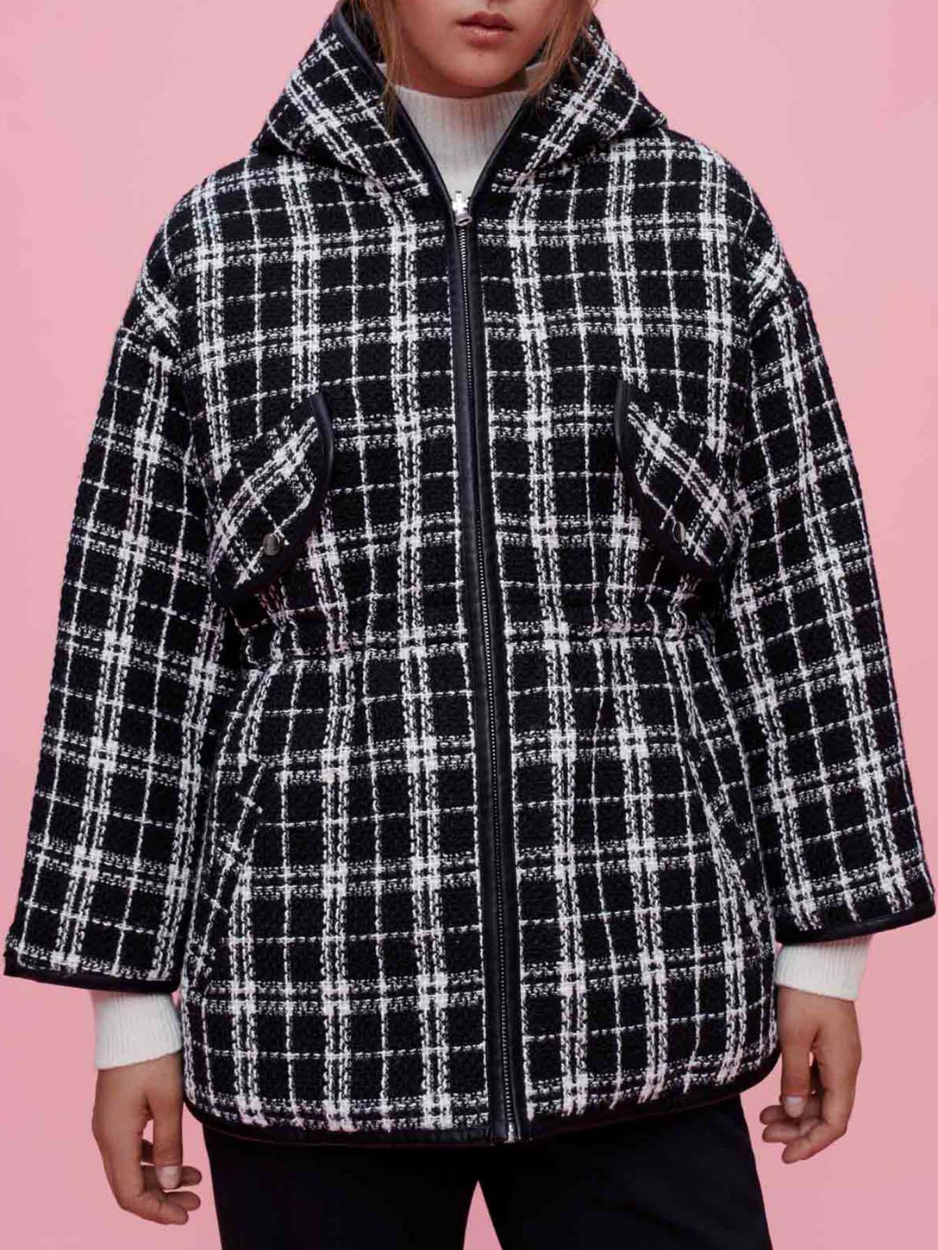 Jachetă reversibilă din puf de tweed cu glugă - Negru