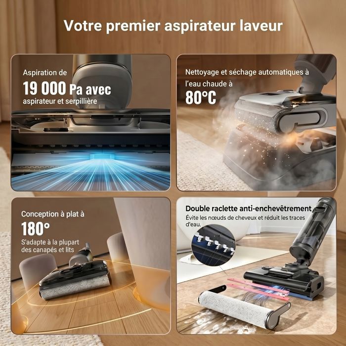 LARESAR S7 Pro Combo 3-in-1 Akku-Staubsauger und Wischmopp – Selbstreinigend bis 80 °C – 180°-Flachreinigung – Anti-Haar-Funktion – LED-Beleuchtung – 50 Minuten Akkulaufzeit