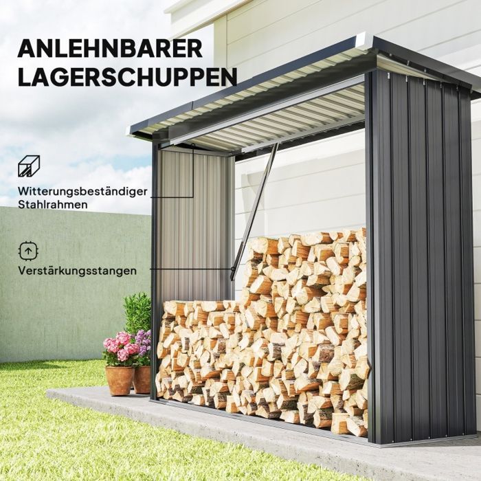Holzschuppen, Stahlrahmen, erhöhter Boden, Schrägdach, 213 x 66,5 x 150 cm, dunkelgrau
