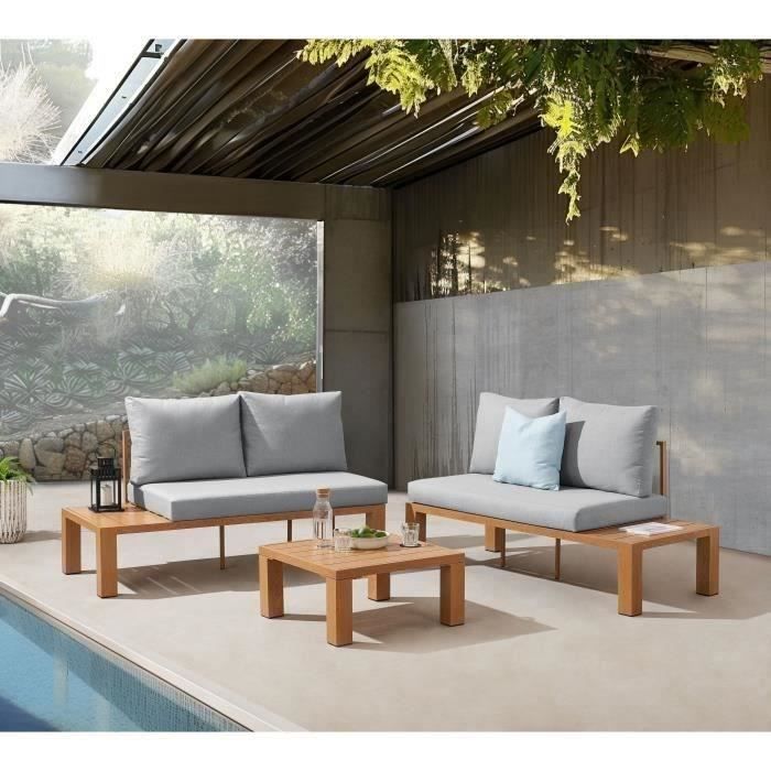Conjunto de muebles de jardín SANA con sofá esquinero - Aluminio efecto madera - 4 personas - Gris perla