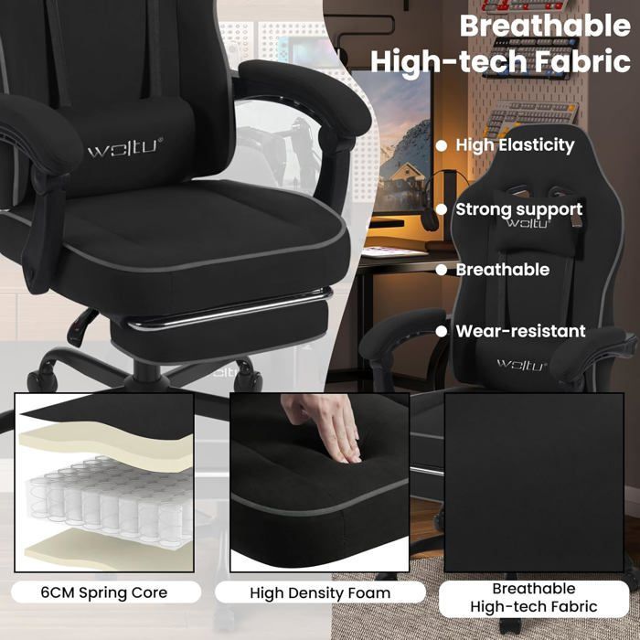 WOLTU Gamingstoel, Gamingfauteuil, Pocketveringkussen, Lendensteun, Technisch textiel, Zwart W0ATT0611