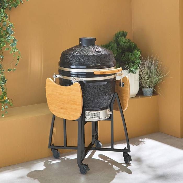 Barbecue charbon de bois, grill et fumoir, céramique Ø57cm avec roues, tablettes et housse KAMADO
