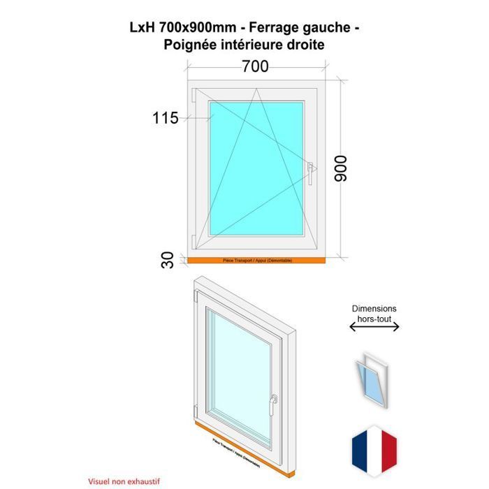 Fenêtre PVC - Triple vitrage - Tirant Gauche - Blanc - LxH : 700x900 mm