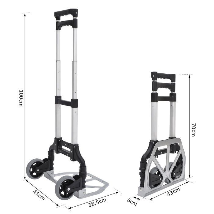 Carretilla de mano HOMCOM - Ligera, plegable y telescópica, con capacidad de carga de 70 kg para transporte y manipulación - Aluminio - Plata y negro