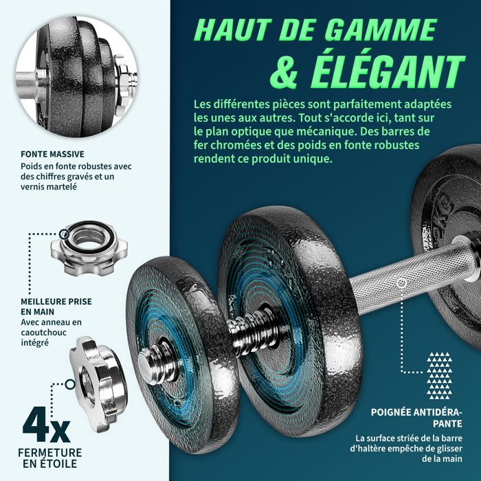 RE:SPORT 2-in-1 halterset | 20 kg | Modulaire gietijzeren halterset | Lange en korte halters