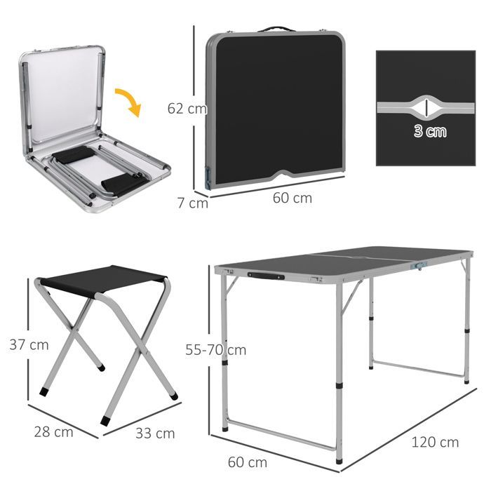 Ensemble table et chaise de camping - Outsunny - Table 4 chaises Pliantes - Hauteur table réglable, Trou de parasol - Gris foncé