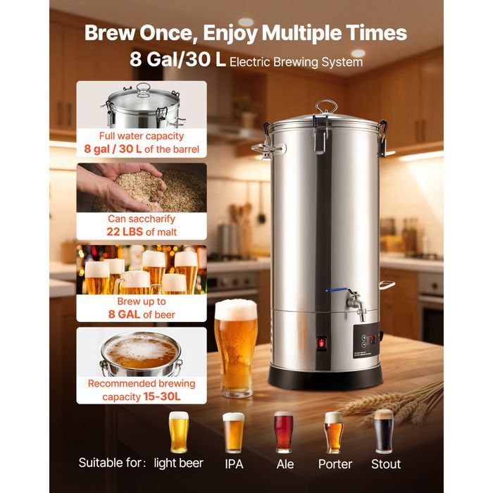 Sistema eléctrico para elaborar cerveza Duoku de 30 litros - Máquina para elaborar cerveza en casa, cuerpo de acero inoxidable 304