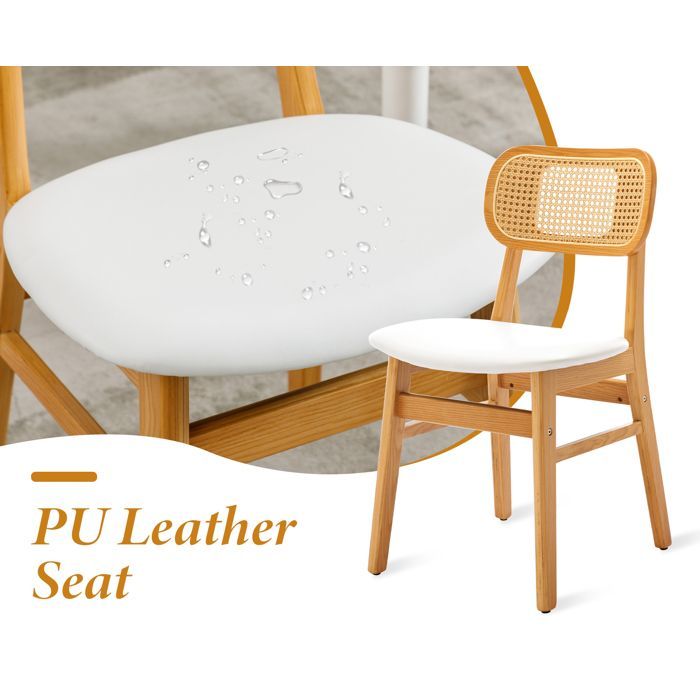 Wahson Dining Chair Set of 4 Retro Wood and Rattan Dining Chairs, Kitchen Chairs for Living Room, PU Leather, White