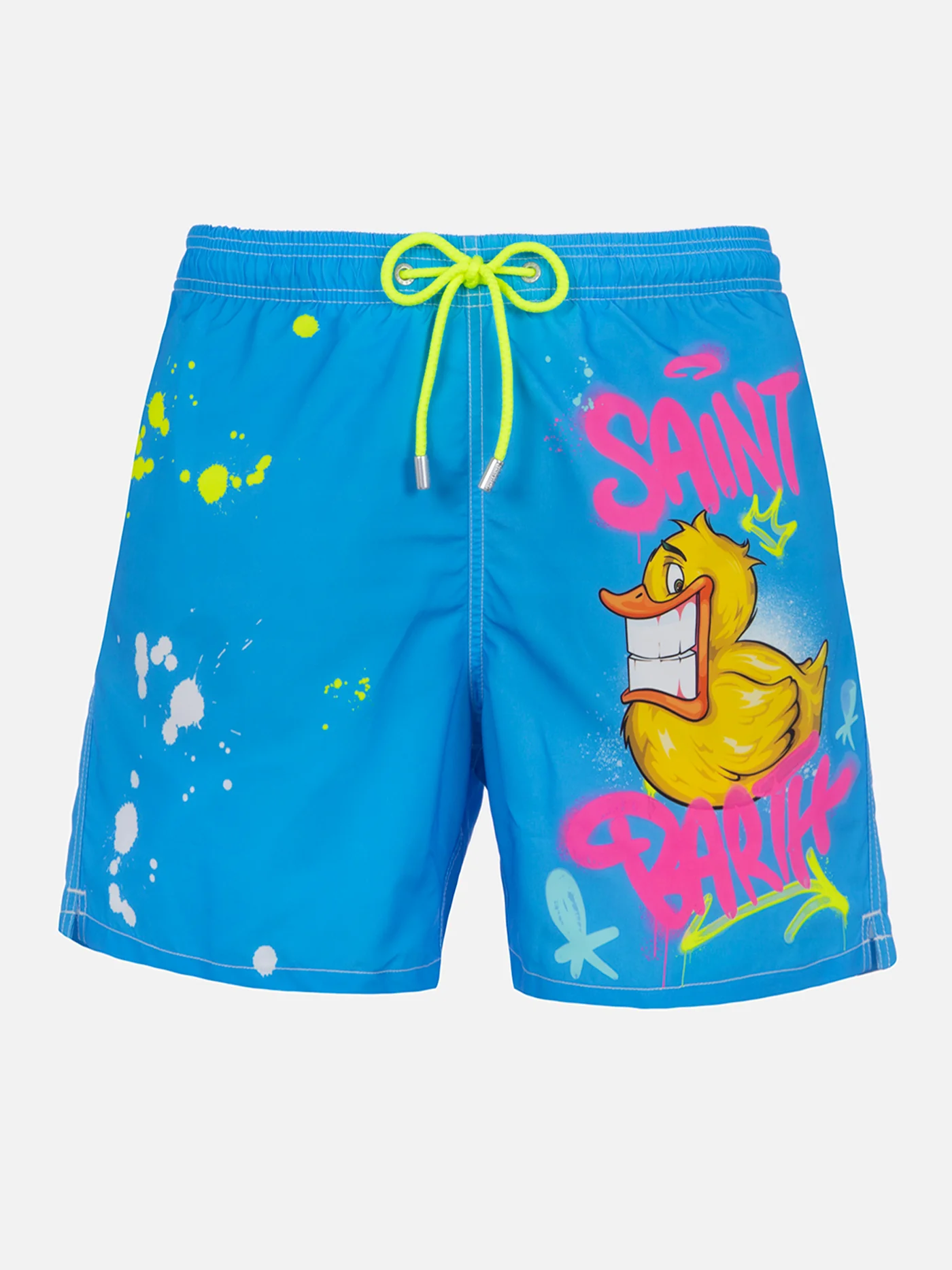 Gustavia mid-length zwembroek met Ducky Cryptopuppets Special Edition print | Stof met perzikkleurige touch, turquoise achterkant | Elastisch en verstelbaar