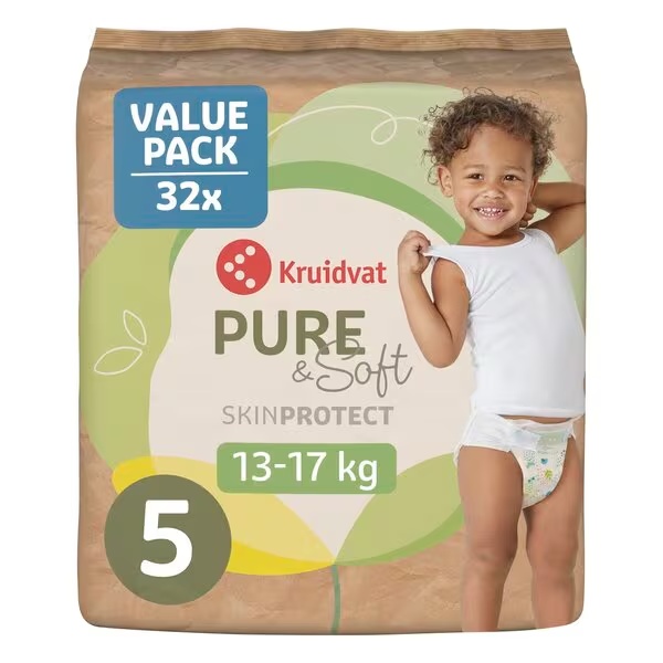 „Kruidvat Pure & Soft“ 5 dydžio sauskelnės, vidutinė pakuotė<br>5 dydis (10–16 kg). 32 vnt.