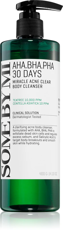 Some By Mi AHA∙BHA∙PHA 30 Days Miracle Acne Clear Body Cleanser, gel de limpeza corporal espumante para peles problemáticas e oleosas.