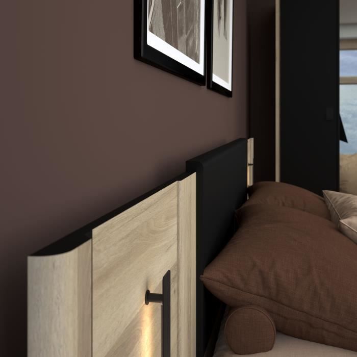Lit double adulte avec 2 chevets - KIERAN - 160 x 200 cm - Décor Chêne / Noir - PARISOT