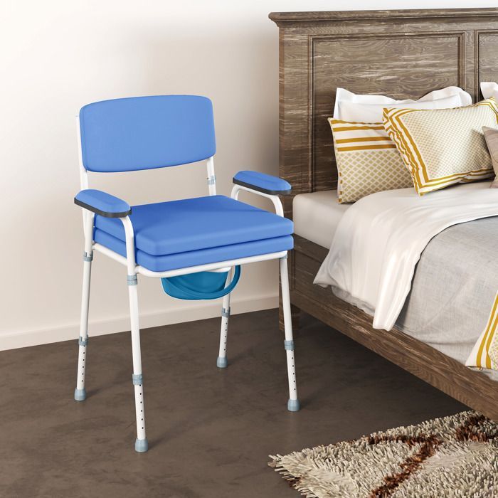 Chaise percée toilette HOMCOM multifonctions seau amovible hauteur réglable avec dossier siège et accoudoirs rembourrés bleu