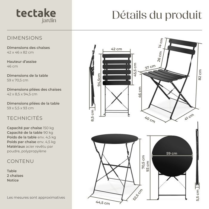 Ensemble table et chaise de jardin - TECTAKE - Lot de 2 chaises bistrot FRIEDA pliable pour 2 personnes - Noir