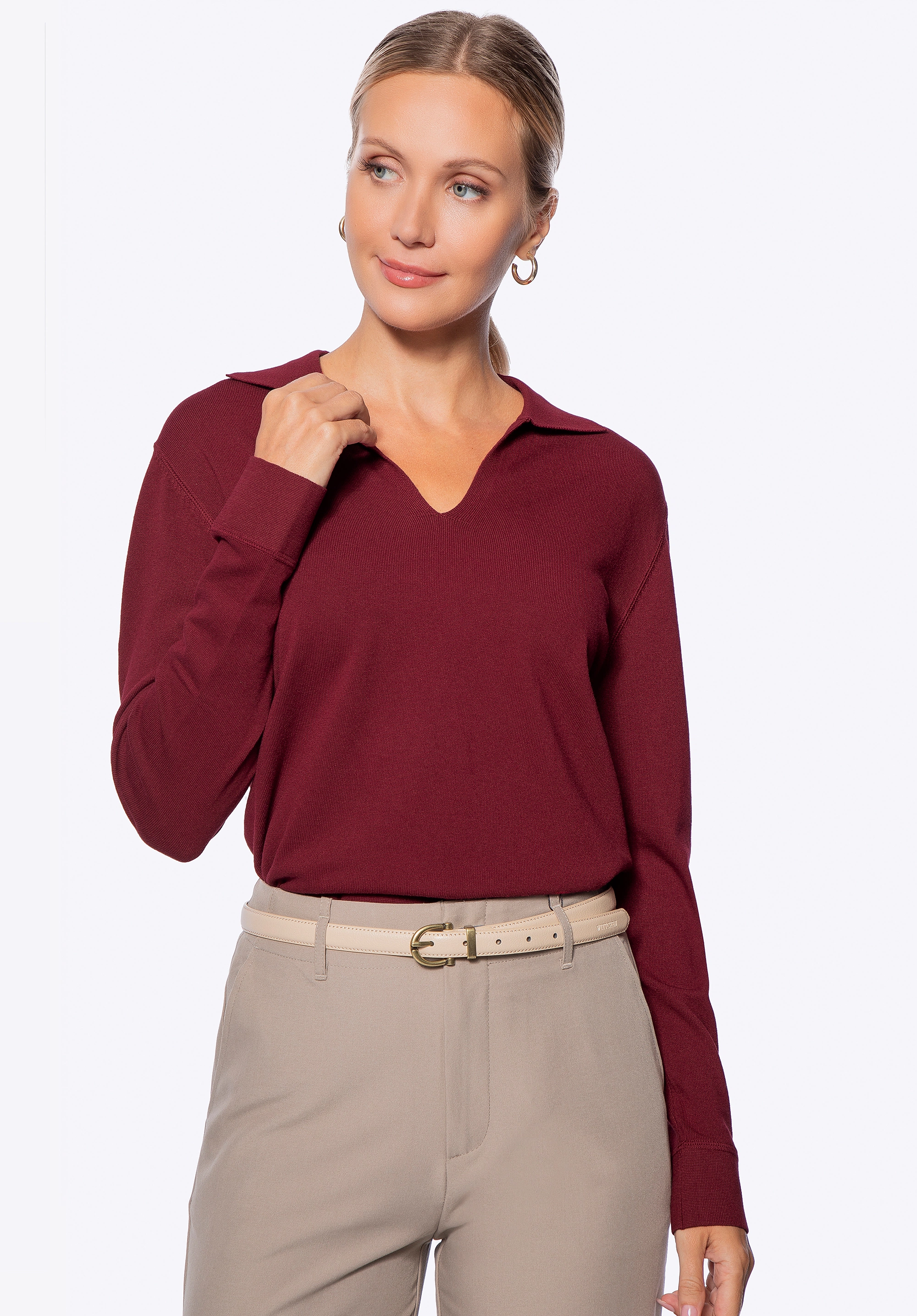 Sweter damski z dekoltem V-neck bordowy