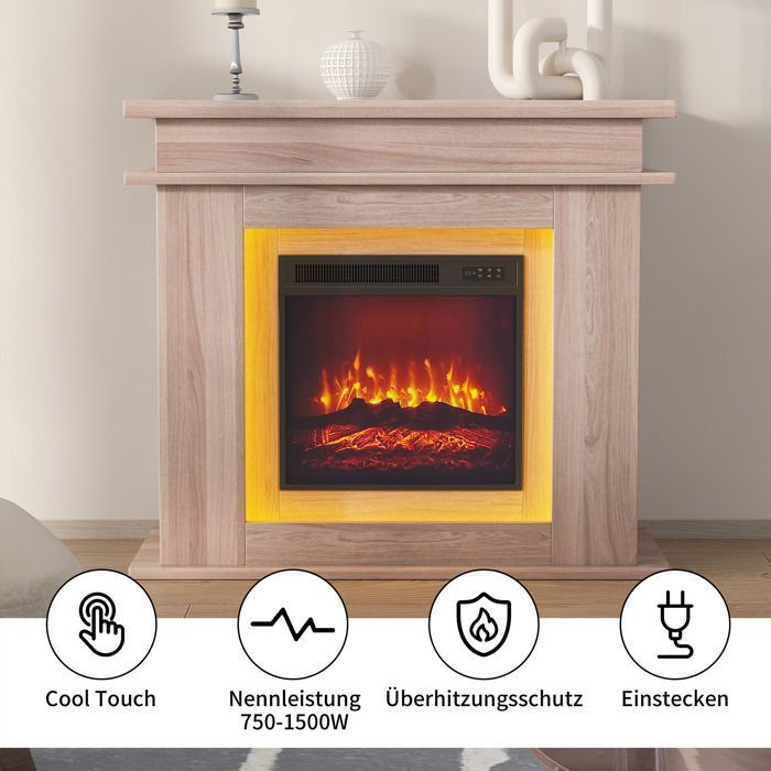 Chimenea eléctrica LUMINARIX con efecto de llama LED 3D, 1500 W, color roble, tamaño grande 101x34x88cm.