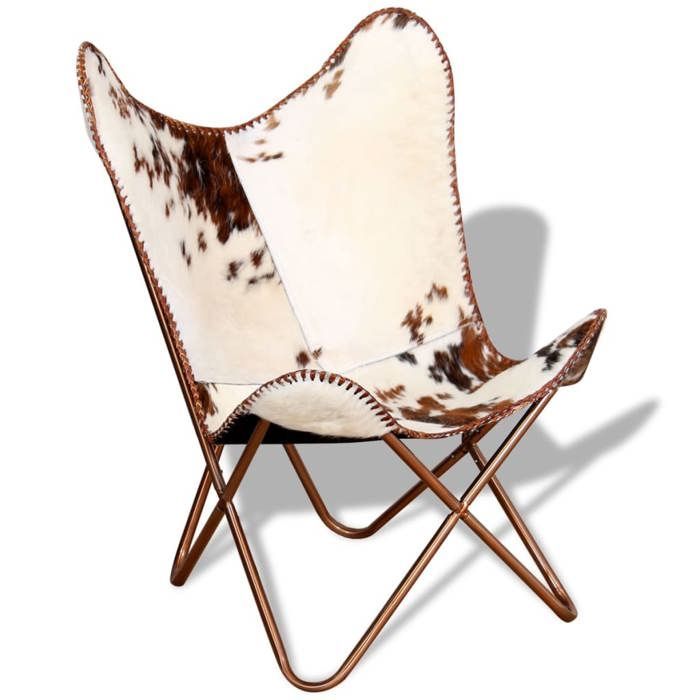 Silla mariposa - Piel auténtica - Marrón y blanco - 1 plaza - Estilo vintage - Para interior