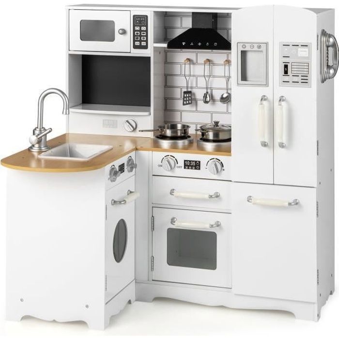 Cocina interactiva XXL para niños de COSTWAY - A partir de 3 años - 5 accesorios con teléfono de madera blanca