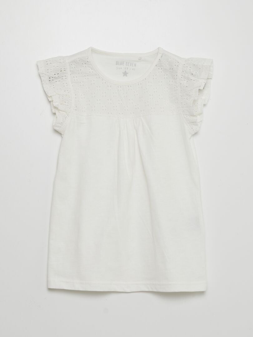 Ensfarget T-skjorte med engelske stingbroderier - BEIGE