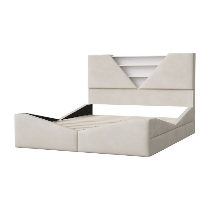 Cama de 140x190 cm - Base de láminas - Terciopelo blanco roto - Iluminación LED integrada - 4 cajones de almacenamiento