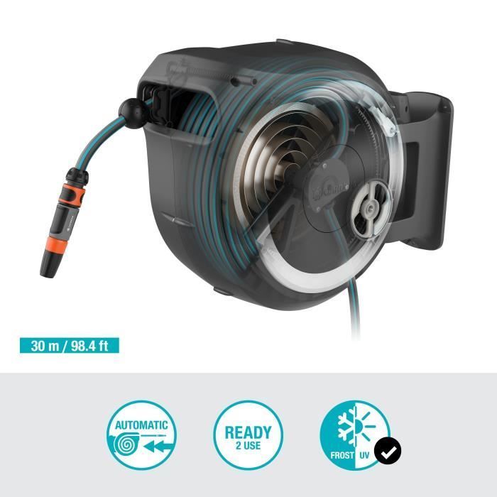 Enrollador de manguera automático mural GARDENA RollUp L - 30 m de longitud - 13 mm de diámetro - Kit completo - 5 años de garantía
