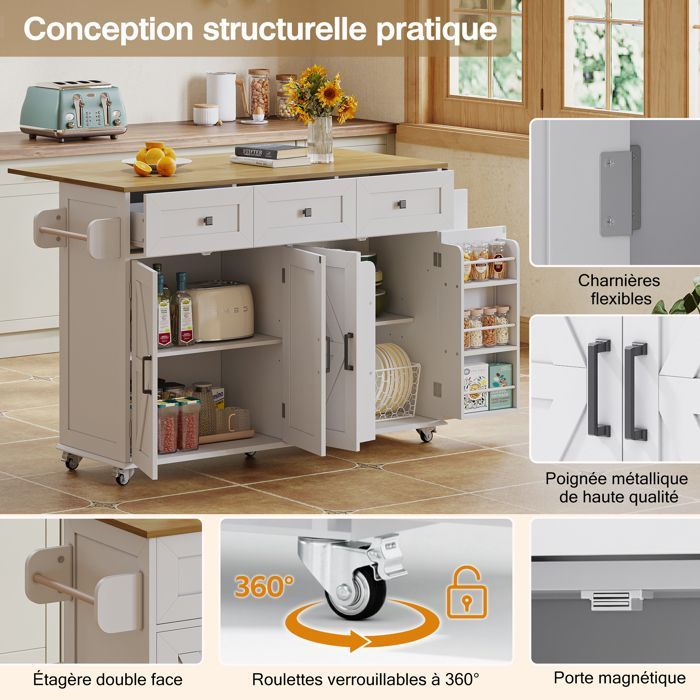 Isla de cocina con 5 ruedas con freno, 4 puertas y 3 cajones. Mesa de comedor con servilletas. Color blanco. Medidas: 140 × 43-70 × 90,5 cm.