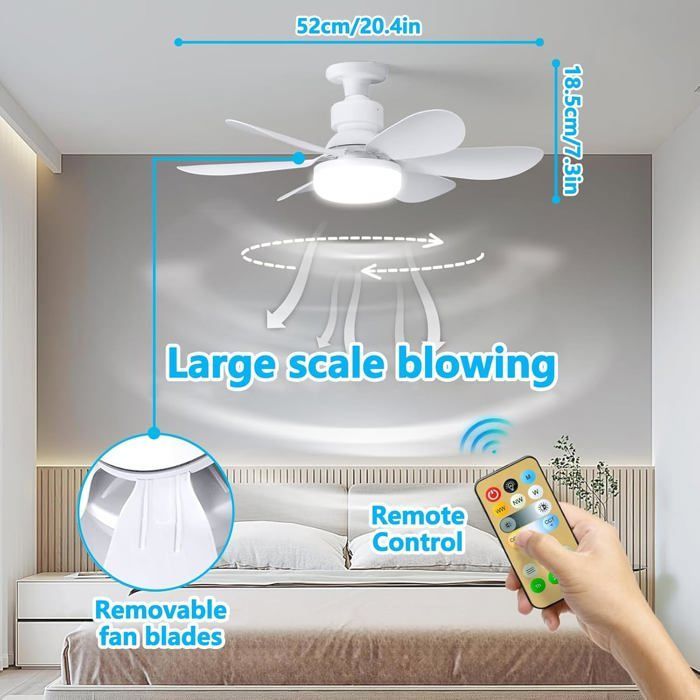 Ventilateur Silencieux Plafond, 40W Lampe Ventilateur Plafond avec Douille E27, Silencieux, pour Salon, Chambre, Coucher (52cm)
