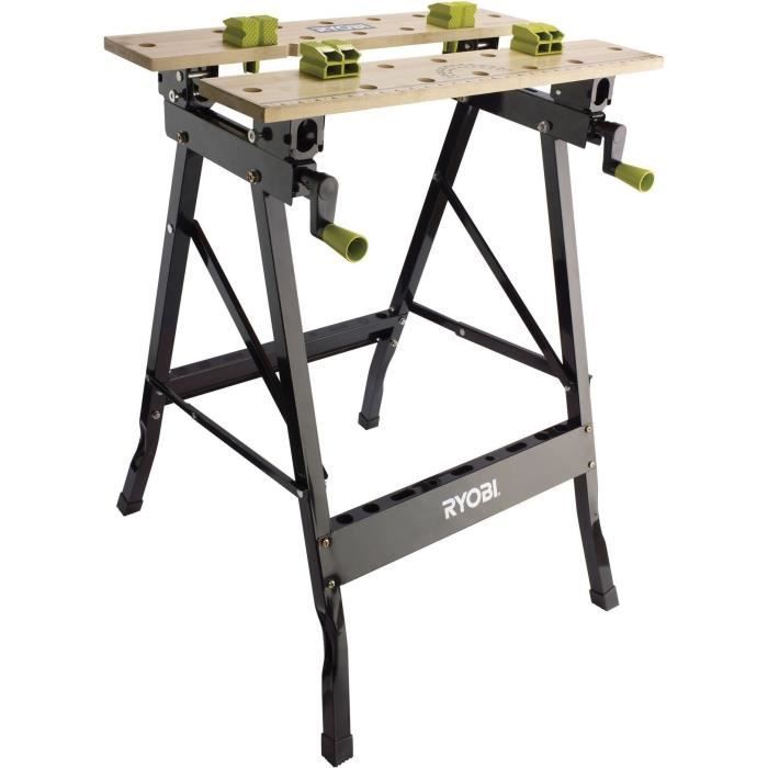RYOBI - Banco de trabajo plegable giratorio de 90° - Mesa de bambú 605 x 625 x 790 mm - 6,5 kg - Incluye 4 mordazas y 1 llave de servicio - RWB02