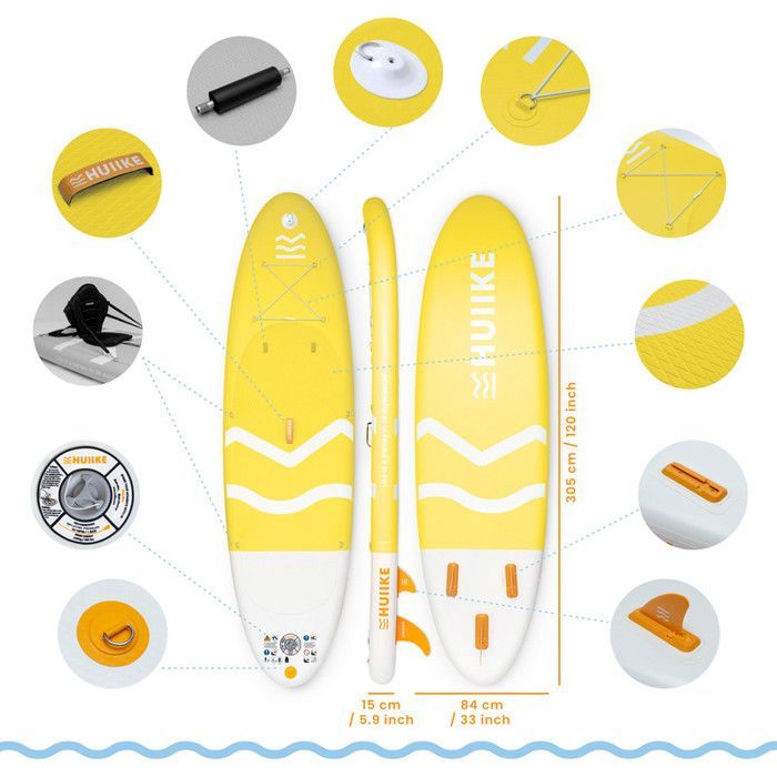 Paddle Gonflable Adulte Jaune avec des Accessoires de Qualité - HUIIKE | Stand Up Paddle avec Pagaie en Aluminium, Pompe, Leash