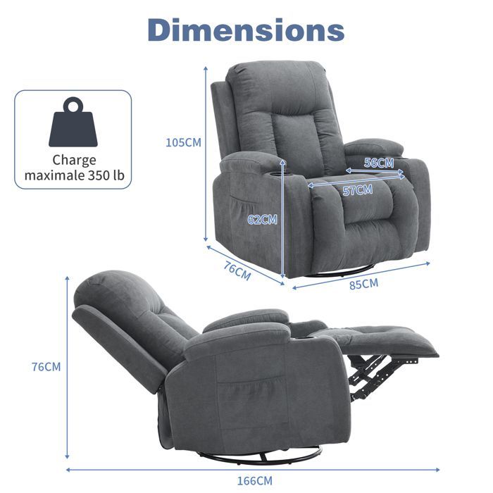 Massage- en verwarmingsstoel, met 360° draaifunctie, handmatig verstelbare rugleuning, 76x85x105 cm, donkergrijs