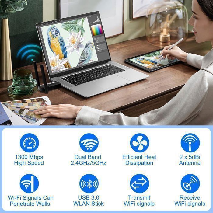 Clé WiFi Puissante, AC1300 Mbps USB 3.0 Double Bande Antenne WiFi 2.4G / 5GHz Dongle WiFi, Compatible avec Windows 11/10/8/7/XP