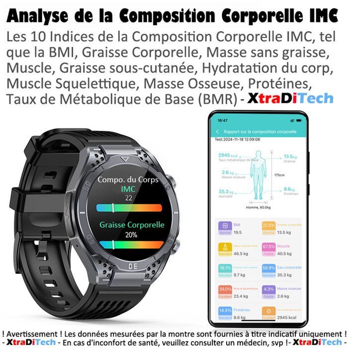 Smartwatch XtraDiTech con ECG, cardiofrequenzimetro, termometro, monitoraggio multiparametrico della salute, schermo AMOLED, chiamate e 2 cinturini inclusi.