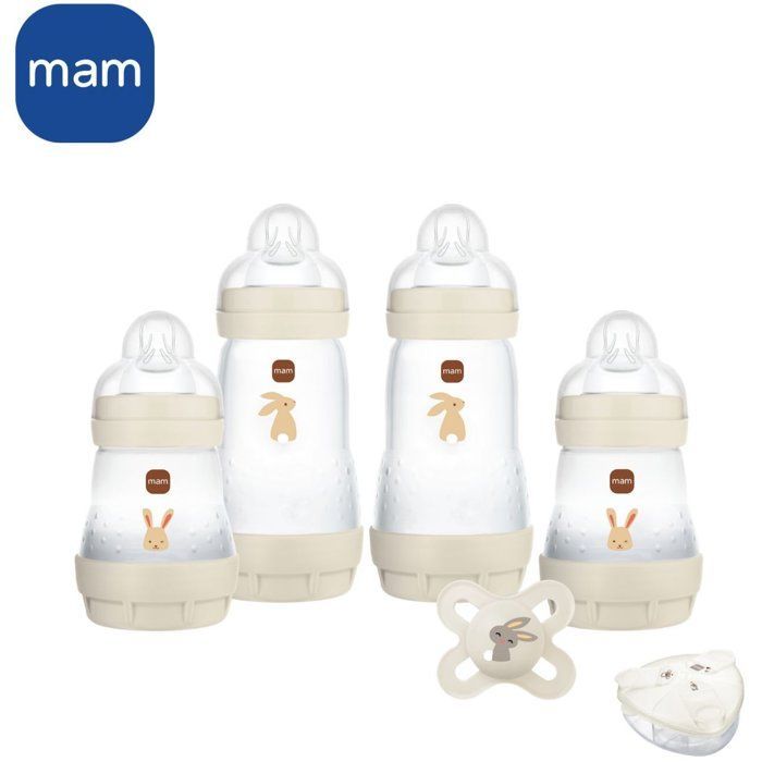 Set regalo MAM per neonati - 4 biberon + 1 ciuccio + 1 dispenser per latte artificiale - Sabbia