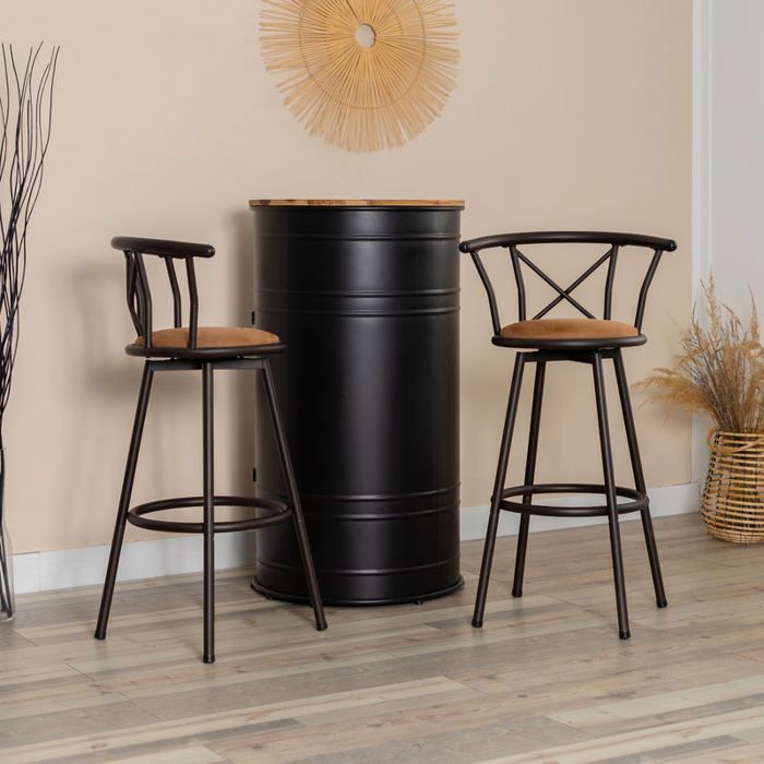 MEUBLES COSY Lot de 2 tabourets de bar industriels pivotants avec dossier en tissu marron - HAILEY 29