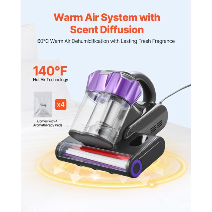 VEVOR 550W Anti-Dust Mite Mattress Vacuum Cleaner with Powerful 18 kPa Suction, Double Dust Bin, HEPA Filter, and Heating