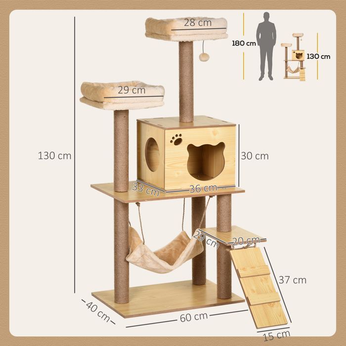 Arbre à chats design - PawHut - contemporain griffoirs grattoirs sisal niche plate-formes hamac boule - bois - beige