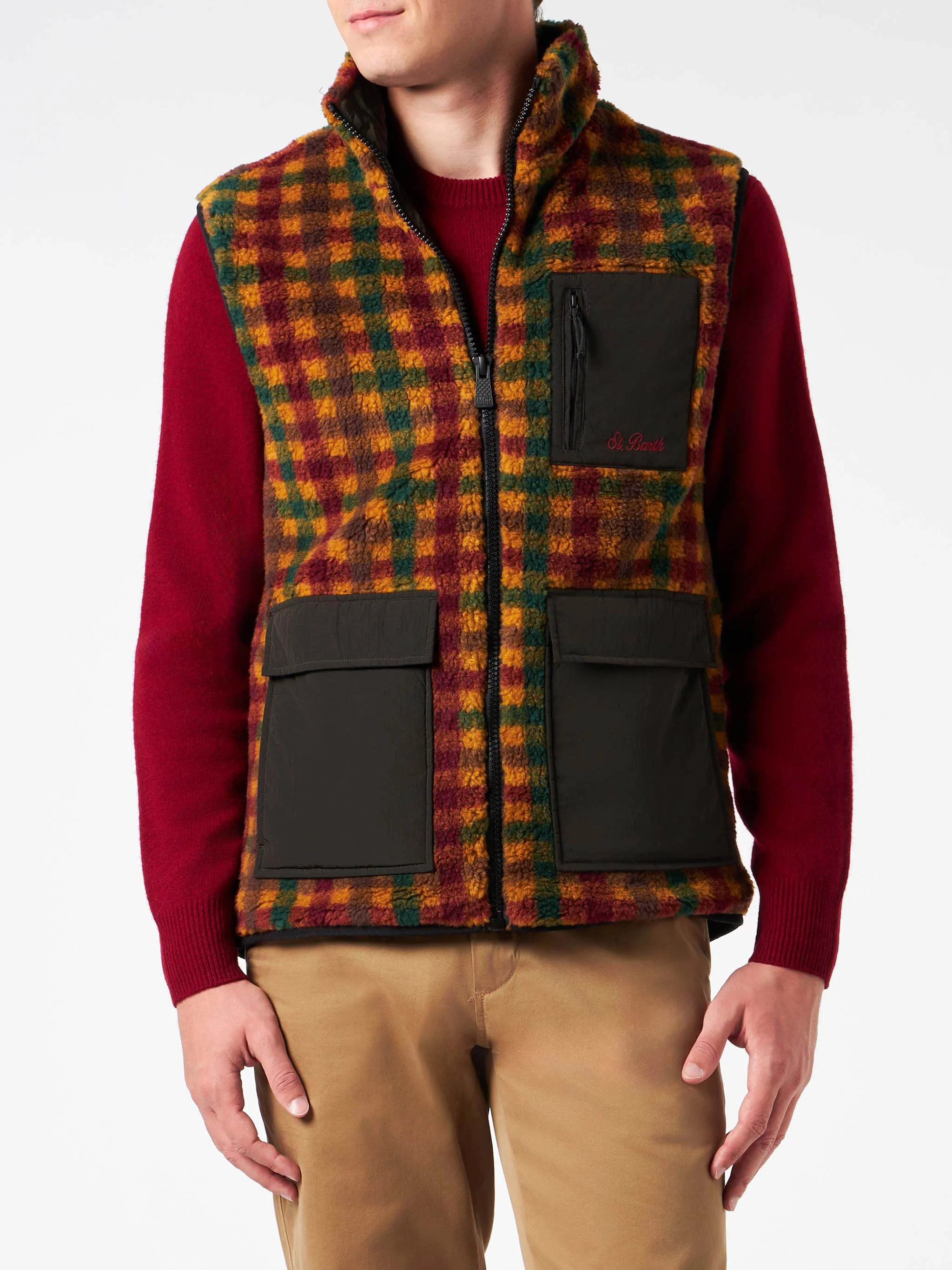 Sherpa-jas voor heren met ruitpatroon en opgestikte zakken.
