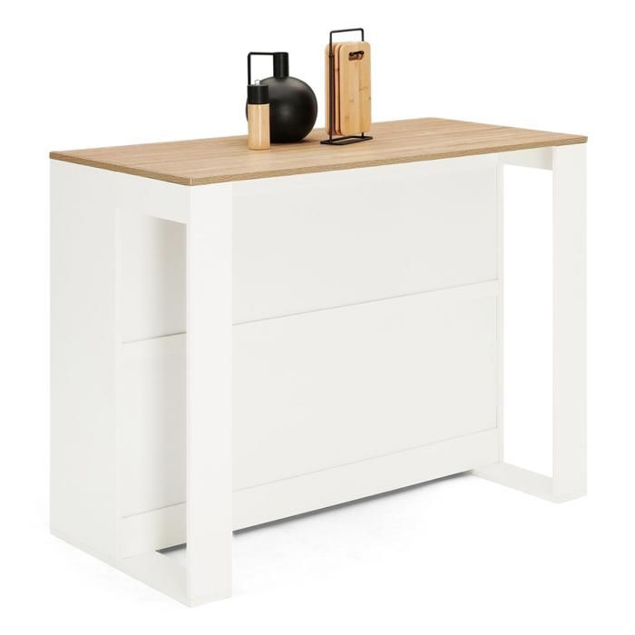 IDMARKET Table de bar îlot JUNO bois blanc et plateau façon hêtre