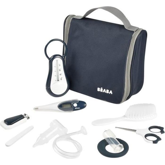 BÉABA - Kit per l'igiene del bambino - 9 accessori - Vaschetta e termometro digitale - Anello da dentizione - Massaggiatore per gengive - Blu notte
