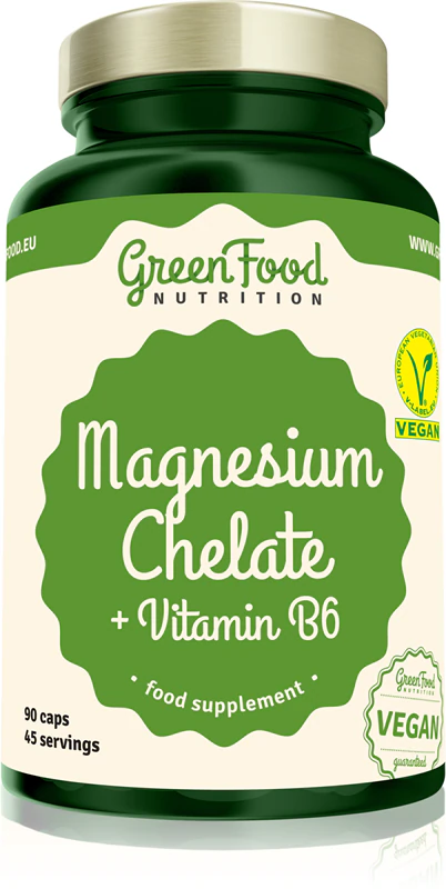 GreenFood Nutrition Magnesiumchelat + Vitamin B6 Nahrungsergänzungsmittel-Kapseln zur Verbesserung von Konzentration und Gedächtnis