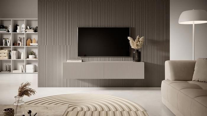 TV-Ständer - SELSEY - VELDIO - 140 cm - beige/grau - gefräste Front