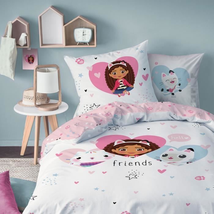 Juego de ropa de cama infantil 100% algodón - GABBY Y LA CASA DE LOS CORAZONES MÁGICOS - Blanco/Rosa - 140x200+63x63cm