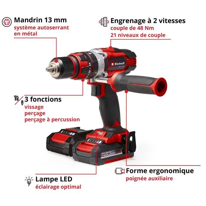 Einhell Perceuse Visseuse à percussion sans fil TE-CD 18/48 Li-i Kit PXC (18V, 48Nm) Livré avec 2 Batteries 2,0Ah et Chargeur