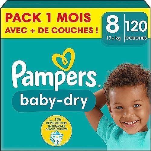Pampers Baby-Dry Diapers Size 8 (17+ kg), 120 Baby Diapers, 1 Month Pack, Double Leak-Proof Barrier