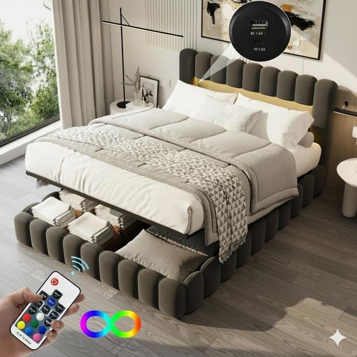 160x200cm Bed - 160x200cm Storage Bed and Slatted Base - RGB LED Headboard, USB/Type-C Ports - Mattress Not Included - Grey Linen Fabric