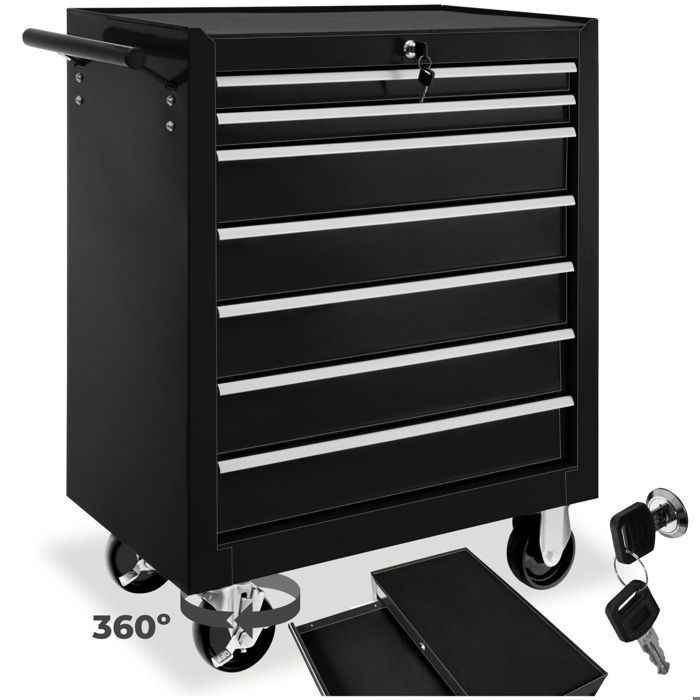 Carro de taller - TECTAKE - Carro de taller de acero con 7 cajones, 69 x 33 x 79 cm - Negro