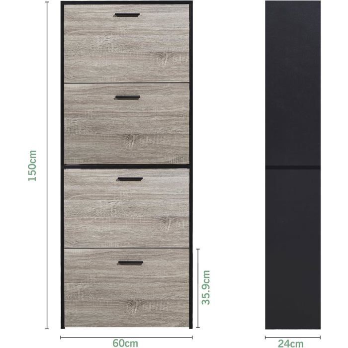 Zapatero CASABEL para 24 pares - Armario para recibidor/entrada - Negro y madera clara - 60x24x150 cm