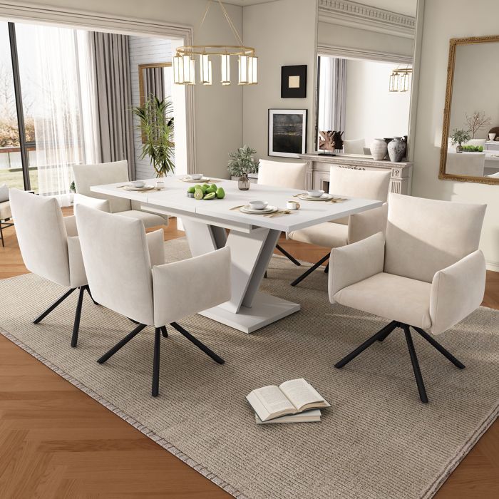 Mesa de comedor extensible de 120/160 x 80 x 75 cm, patas en forma de V, estilo sencillo, apta para 4 a 6 personas, color blanco.